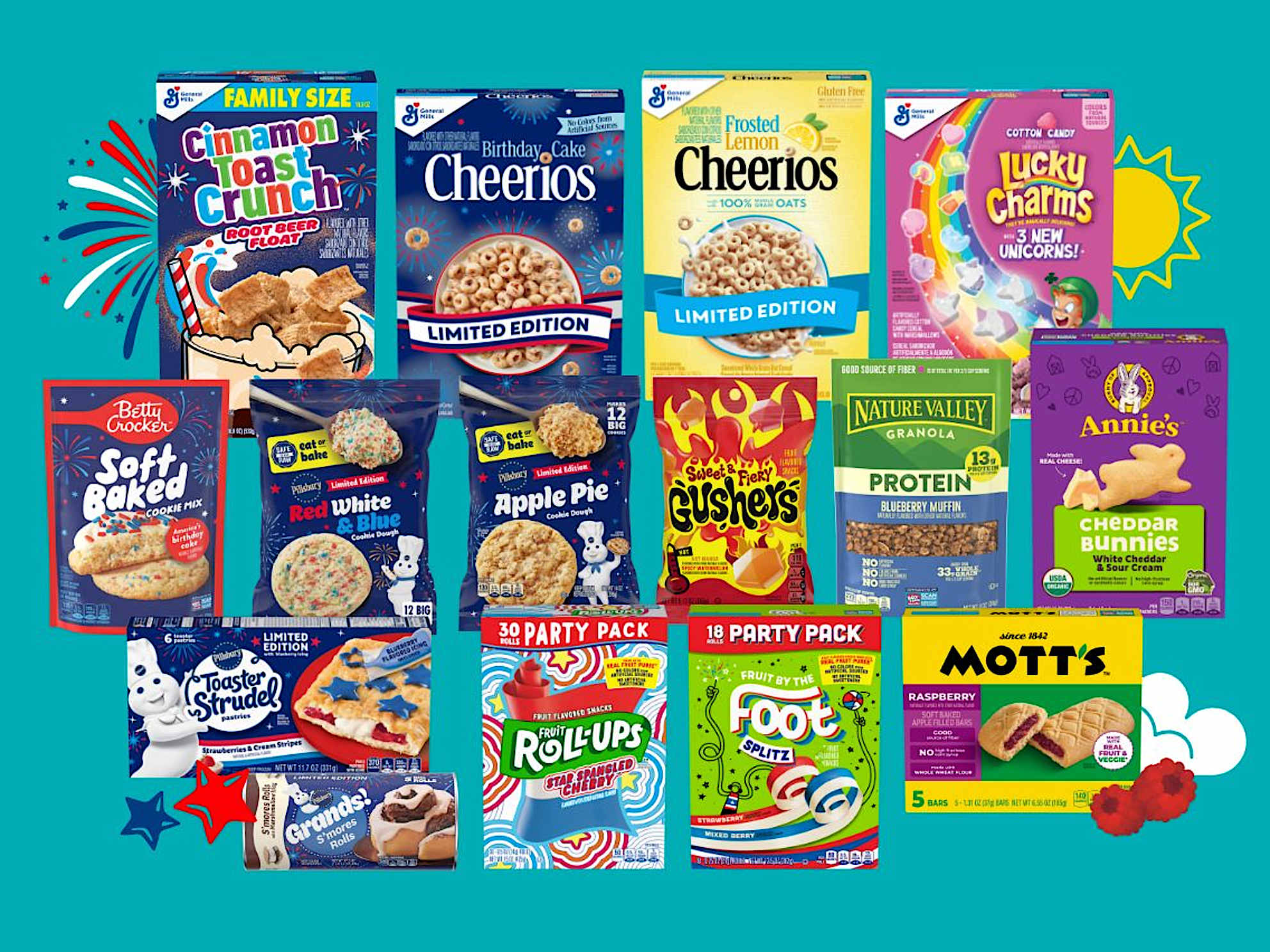 General Mills summer products including Cinnamon Toast Crunch Root Beer Float Cereal, Pillsbury Grands! S’mores Cinnamon Rolls and Annie’s Organic Nature Pals Fruit Snacks on a summer-themed background.